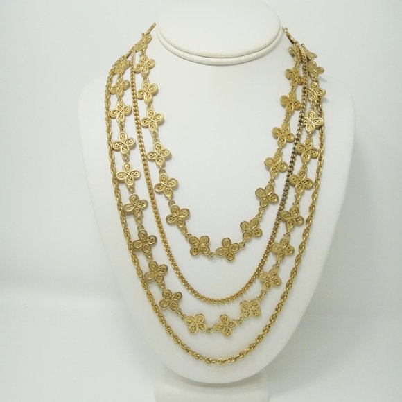 Multi Strand Clover Motif Necklace Gold Tone Chains 4 - Picture 1 of 7
